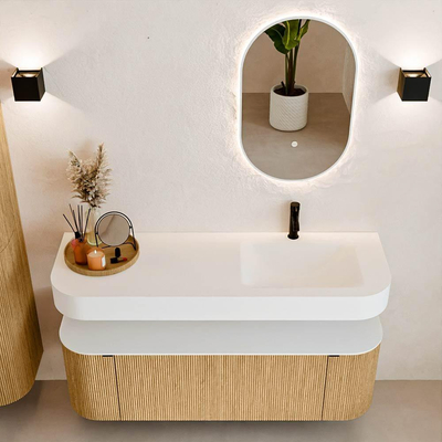 MONDIAZ THOR 140cm meuble de salle de bains arrondi gauche + droite couleur Oak avec 1 tiroir et 2 portes. Vasque suspendue CLOUD Droite 1 trou de robinet couleur Talc.