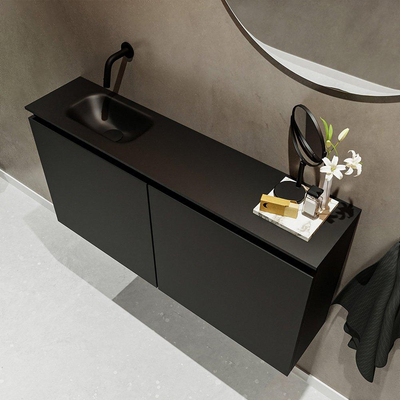 MONDIAZ TURE Fonteinset - 100x23x50cm - 0 kraangaten - 2 deuren - urban mat - Wasbak links - Solid Surface Zwart