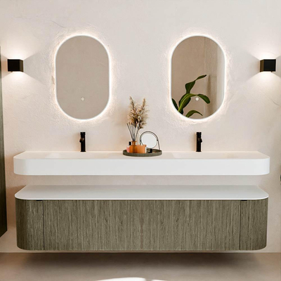 MONDIAZ THOR Meuble de salle de bains 200cm arrondi gauche + droite couleur Shadow avec 2 tiroirs et 2 portes. Vasque suspendue CLOUD Double 2 trous de robinet couleur Talc.