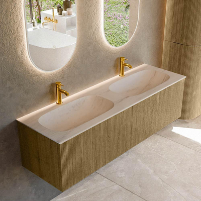 MONDIAZ KURVE-DLUX Meuble de salle de bains 150cm couleur Dusk avec 2 tiroirs et 0 portes. Lavabo STOR SMALL Double 2 trous de robinet Meli.