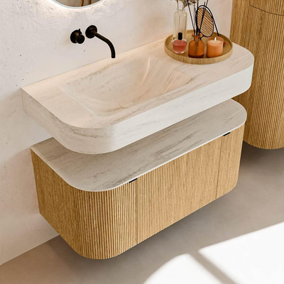 MONDIAZ THOR-DLUX Meuble de salle de bains - 100cm - arrondi gauche + droite - couleur Oak - 1 tiroir - 2 portes - Vasque suspendue CLOUD Gauche sans trou de robinet - couleur Meli