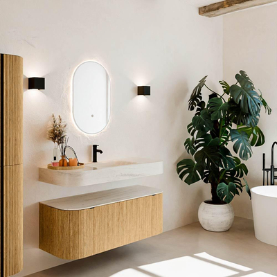 MONDIAZ THOR-DLUX 120cm meuble de salle de bains arrondi gauche + droite couleur Oak avec 1 tiroir et 2 portes. Vasque suspendue CLOUD Milieu 1 trou de robinet couleur Meli.