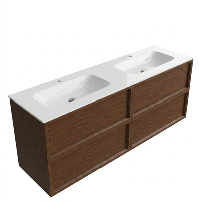 Saniclass Holz Frame Ensemble meuble de salle de bains - 160x45x61.5cm - Flow lavabo en solid surface blanc - 2 vasques - 2 trous de robinet - 4 tiroirs - mat walnut pure (bois)