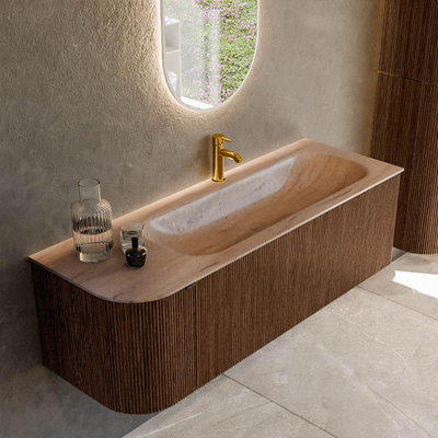 MONDIAZ KURVE-DLUX 135cm badmeubel ronding Links kleur Walnut met 1 lade en 1 deur. Wastafel BIG MEDIUM Rechts 1 kraangat Saba.