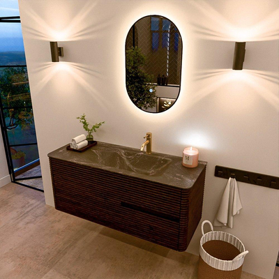 Mondiaz CIRO-DLUX Badkamermeubelset - 120x45x50cm - Solid surface wastafel Lava - 1 wasbak Rechts - 1 kraangat - 2 lades - Walnut