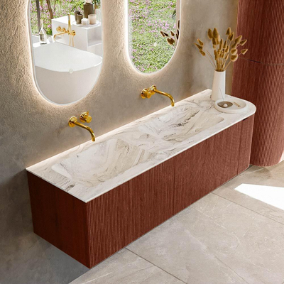 Mondiaz KURVE-DLUX Badkamermeubelset - 155x46x40cm - 2 lade - 1 deur - wastafel solid surface - dubbel / links - zonder kraangat - Ruby