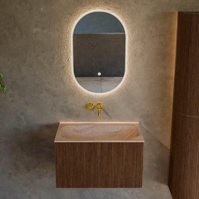 MONDIAZ KURVE-DLUX 70cm badmeubel kleur Walnut met 1 lade en 0 deuren. Wastafel BIG SMALL Midden zonder kraangat Saba.