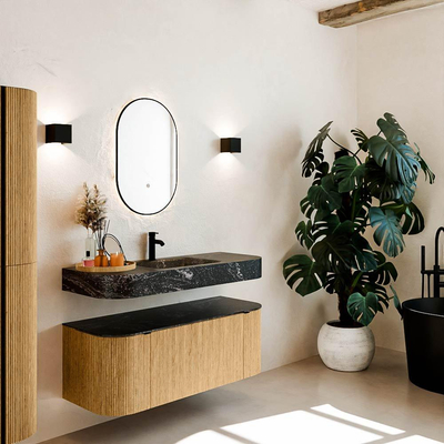 MONDIAZ THOR-DLUX 120cm badmeubel ronding links + rechts kleur Oak met 1 lade en 2 deuren. Vrijhangende wastafel CLOUD Midden 1 kraangat kleur Lava.