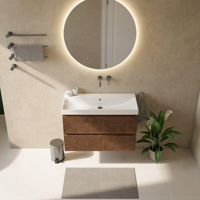 Saniclass Holz Atelier Ensemble de meubles de salle de bains - 100x45x67.5cm - lavabo Wave en céramique - 1 vasque - sans trou de robinet - 2 tiroirs - walnut pure mat (bois)