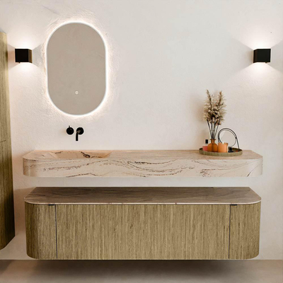 MONDIAZ THOR-DLUX Meuble de salle de bains 170cm arrondi gauche + droite couleur Dusk avec 1 tiroir et 2 portes. Vasque suspendue CLOUD Gauche sans trou de robinet couleur Arena.