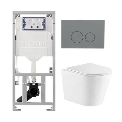 QeramiQ Dely Pack WC - 36.3x51.7cm - à fond creux - sans bride - réservoir encastré Geberit UP320 - abattant WC à fermeture douce - plaque de déclenchement gris clair - boutons ronds - blanc mat