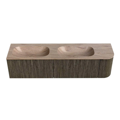 MONDIAZ KURVE-DLUX meuble de salle de bains 175cm arrondi droit couleur Shadow avec 2 tiroirs et 1 porte. Lavabo STOR SMALL double / gauche 2 trous de robinet Saba.