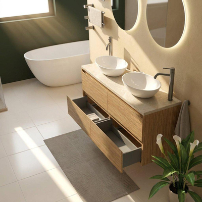 Saniclass Holz Pure Ensemble meuble de salle de bains - 140x45x63cm - Plan en pierre naturelle travertin - 2 trous de robinetterie - 4 tiroirs - chêne natural mat (bois)