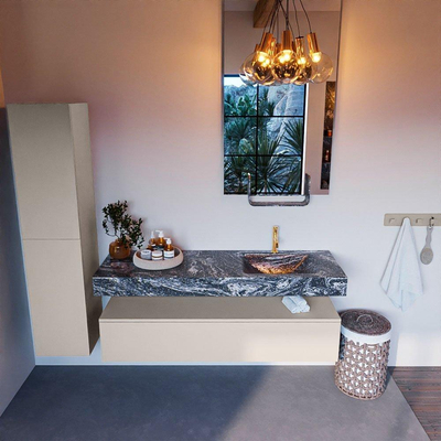 Mondiaz ALAN-DLUX Ensemble de meuble - 150cm - meuble Linen mat - 1 tiroir - Lavabo Cloud Lava suspendu - vasque droite - 1 trou de robinet