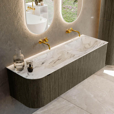 Mondiaz KURVE-DLUX Ensemble de meuble salle de bain - 145x46x40cm - 1 tiroir - 1 porte - lavabo en solid surface - double / droite - sans trou de robinet - Shadow