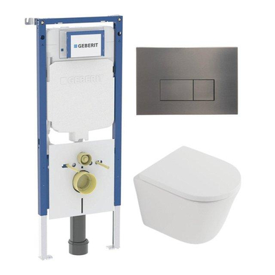QeramiQ Dely Toiletset - 36.3x51.7cm - diepspoel - rimless - Geberit UP720 inbouwreservoir - softclose toilet zitting 35 mm - gunmetal bedieningsplaat - rechthoekige knoppen - mat wit