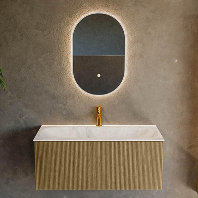 Mondiaz KURVE-DLUX Badkamermeubelset - 100x46x40cm - 1 lade - wastafel solid surface - midden - 1 kraangat - Dusk
