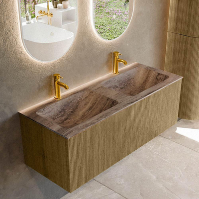 MONDIAZ KURVE-DLUX Meuble de salle de bains 120 cm couleur Dusk avec 1 tiroir et 0 porte. Lavabo LEAF Double 2 trous de robinet Oza.