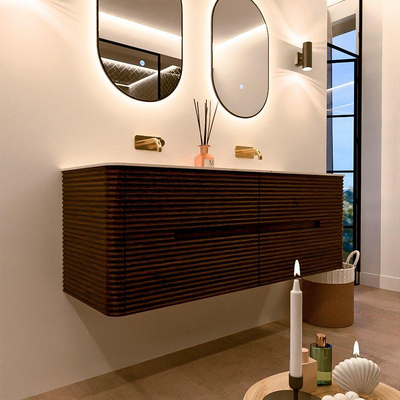 Mondiaz CIRO-DLUX Meuble de salle de bains - 140x45x50cm - Plan vasque solid surface Nata - 2 vasques Double - sans trous de robinetterie - 4 tiroirs - Noyer