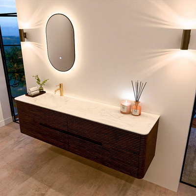 Mondiaz CIRO-DLUX Badkamermeubelset - 180x45x50cm - Solid surface wastafel Opalo - 1 wasbak Links - 1 kraangat - 4 lades - Walnut