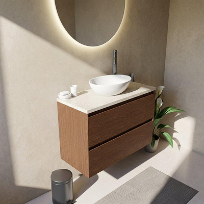 Saniclass Holz Pure Ensemble meuble de salle de bains - 100x45x63cm - Plan de travail en pierre naturelle travertin - 1 trou de robinetterie - 2 tiroirs - walnut pure mat (bois)