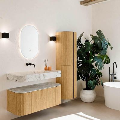 MONDIAZ THOR-DLUX 110cm badmeubel ronding links + rechts kleur Oak met 1 lade en 2 deuren. Vrijhangende wastafel CLOUD Midden zonder kraangat kleur Glace.