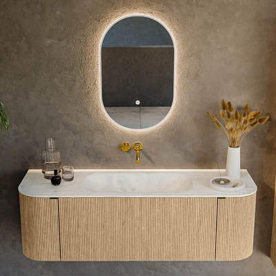 MONDIAZ KURVE-DLUX 140cm badmeubel met module 25 Len R kleur Oak met 1 lade en 2 deuren. Wastafel BIG SMALL midden zonder kraangat kleur Opalo.