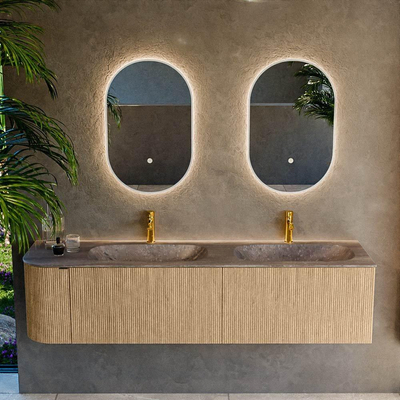 MONDIAZ KURVE-DLUX 175cm meuble de salle de bains avec arrondi à gauche couleur Oak avec 2 tiroirs et 1 porte. Lavabo STOR SMALL Double / Droite 2 trous de robinet Oza.