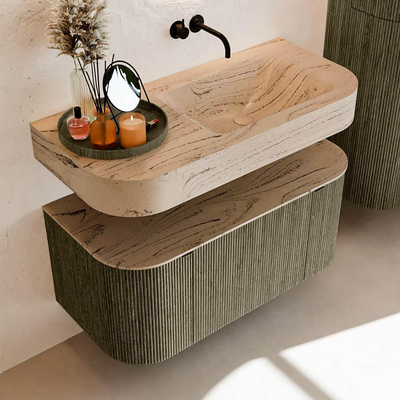 MONDIAZ THOR-DLUX 100cm meuble de salle de bains arrondi gauche + droite couleur Shadow avec 1 tiroir et 2 portes. Vasque suspendue CLOUD droite sans trou de robinet couleur Arena.