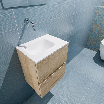 MONDIAZ ADA Toiletmeubel 40x30x50cm met 0 kraangaten 2 lades washed oak mat Wastafel Lex links Solid Surface Wit