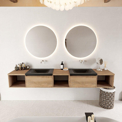 MONDIAZ BUKLA 240cm ensemble de meuble avec module ouvert 40 L+M+R couleur Chêne blanchi avec 2 tiroirs. Lavabo CLOUD double 0 trous de robinet couleur Urbaine.