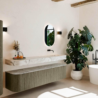 MONDIAZ THOR-DLUX Meuble de salle de bains 190cm arrondi gauche + droite couleur Shadow avec 2 tiroirs et 2 portes. Vasque suspendue CLOUD Droite sans trou de robinet couleur Glace.