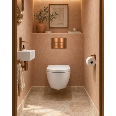 QeramiQ Dely Swirl Compact Toiletset - inbouwreservoir QeramiQ flush - 25mm zitting - metalen bedieningsplaat koper - rechthoekige knoppen - glans wit