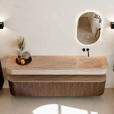 MONDIAZ THOR-DLUX 200cm meuble de salle de bains arrondi gauche + droite couleur Walnut avec 2 tiroirs et 2 portes. Vasque suspendue CLOUD droite sans trou de robinet couleur Saba.