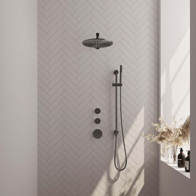 BRAUER Gunmetal Carving inbouw regendoucheset – Ø30 cm hoofddouche – 40 cm rechte wandarm – staafhanddouche – glijstang 70 cm
