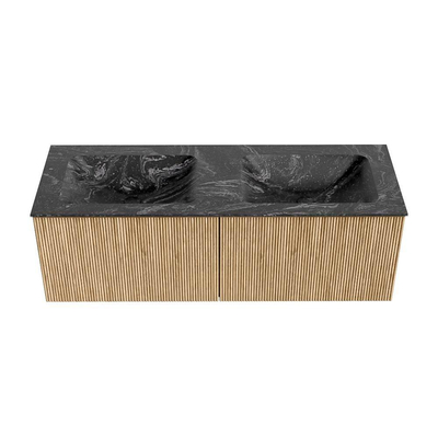 MONDIAZ KURVE-DLUX meuble de salle de bains 130 cm couleur Oak avec 2 tiroirs. Lavabo LEAF double sans trou de robinet couleur Lava.