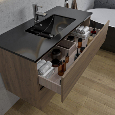 Adema Chaci Ensemble de meuble - 100x46x57cm - 1 vasque en céramique noire - 1 trou de robinet - 2 tiroirs - armoire de toilette - noix
