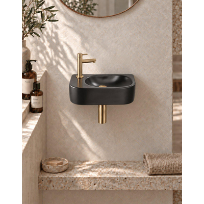 QeramiQ Fuente fonteinset – halfrond – 40x21.5x12 cm – kraangat links – geborsteld gouden kraan