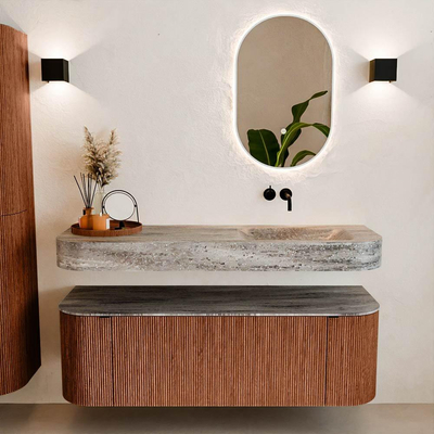 MONDIAZ THOR-DLUX Meuble de salle de bains - 140cm - arrondi gauche + droite - couleur Ruby - 1 tiroir et 2 portes - Vasque suspendue CLOUD Droite sans trou de robinet couleur Oza