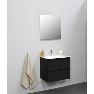 Basic Line Bella Badkamermeubelset - 60x55x46cm - 1 wasbak - Keramiek - Wit - 1 kraangat - Wandspiegel met verlichting - Melamine Zwart mat