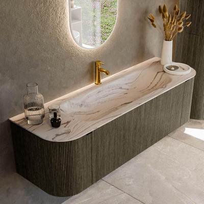 MONDIAZ KURVE-DLUX Meuble de salle de bains 150cm arrondi Gauche + Droite couleur Shadow avec 1 tiroir et 2 portes. Plan-vasque BIG MEDIUM Central 1 trou de robinet Nata.