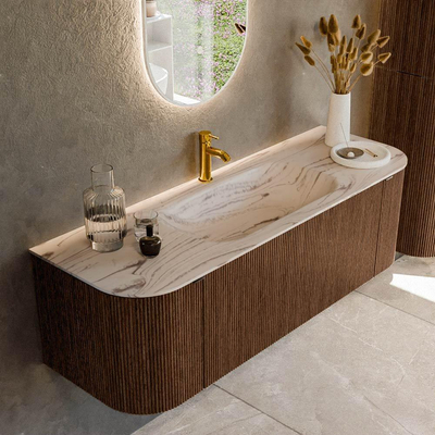 MONDIAZ KURVE-DLUX 140cm badmeubel ronding Links + Rechts kleur Walnut met 1 lade en 2 deuren. Wastafel BIG SMALL Midden 1 kraangat Nata.