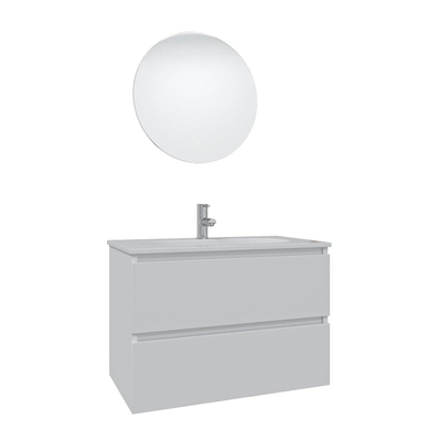 Adema Chaci Meuble salle de bain - 80x46x55cm - 1 vasque en céramique blanche- 1 trou de robinet - 2 tiroirs - miroir rond avec éclairage - blanc mat