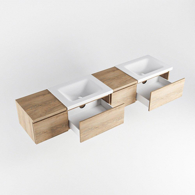 MONDIAZ BUKLA 200cm meuble de salle de bain avec module 40 à droite couleur Chêne blanchi avec 4 tiroirs. Lavabo CLOUD double 2 trous de robinet couleur Talc.