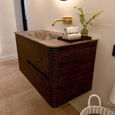 Mondiaz CIRO-DLUX Badkamermeubelset - 90x45x50cm - Solid surface wastafel Sombra - 1 wasbak Midden - zonder kraangaten - 2 lades - Walnut