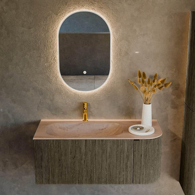 MONDIAZ KURVE-DLUX Meuble de salle de bains 105cm arrondi à droite couleur Shadow avec 1 tiroir et 1 porte. Lavabo BIG SMALL à gauche 1 trou de robinet Saba.