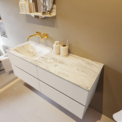 Mondiaz VICA-DLUX ensemble de meuble de salle de bain - 130cm - meuble sous-vasque lin - 4 tiroirs - lavabo encastrée nuage gauche - sans trous de robinet - version haute de 60cm - glace