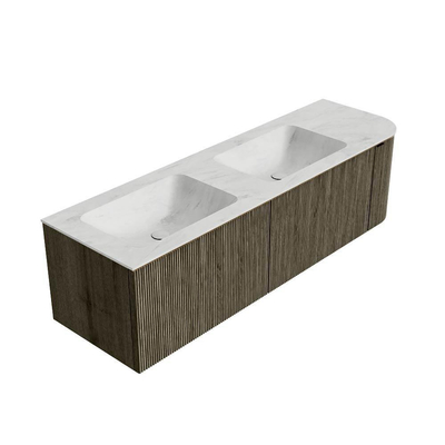 Mondiaz KURVE-DLUX Ensemble de meuble salle de bain - 155x46x40cm - 2 tiroirs - 1 porte - lavabo en solid surface - double / gauche - 2 trous de robinet - Shadow