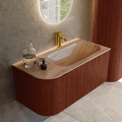 MONDIAZ KURVE-DLUX 95cm badmeubel ronding Links kleur Ruby met 1 lade en 1 deur. Wastafel BIG SMALL Rechts 1 kraangat Saba.
