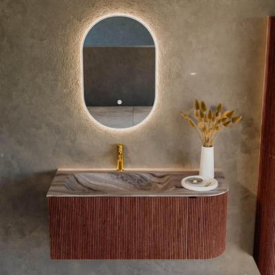 MONDIAZ KURVE-DLUX meuble de salle de bains 105cm arrondi à droite couleur Ruby avec 1 tiroir et 1 porte. Lavabo BIG SMALL gauche 1 trou de robinet Sombra.